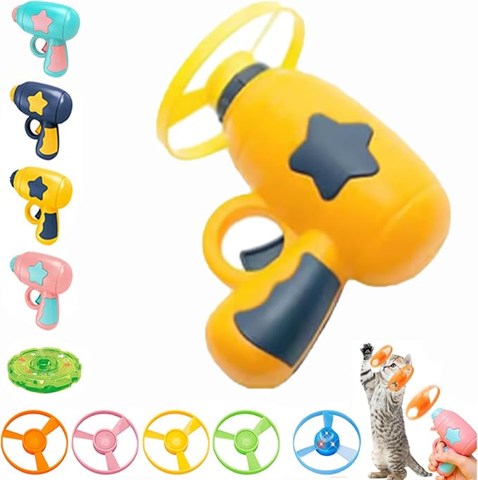 Bamboo Dragonfly Catapult Pistol, Bamboo Dragonfly Catapult Launcher, cat Fetch Toy Flying disc Saucer Launcher, Cat Fetch Toy with Colorful Flying Propellers Set (Yellow)