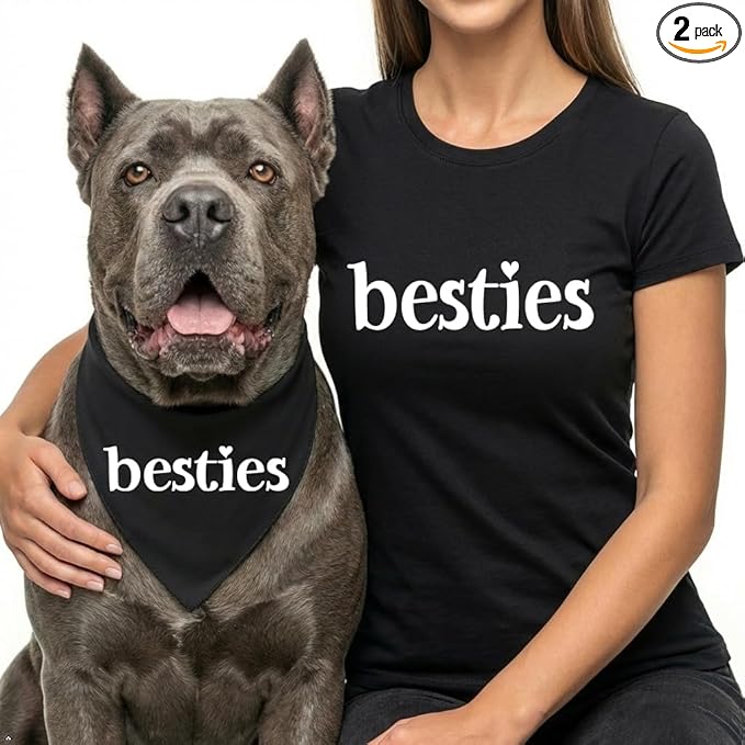 Besties Best Friends Matching Set Dog Bandana & Ladies Fitted Short Sleeve Tee Shirt Black, X-Large 552