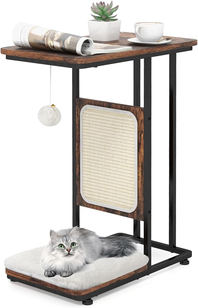 PETSITE Cat Tree and End Table, C-Shaped Small Cat Side Table with Scratching Pad, Removable Washable Cushion, and Jingling Hanging Ball, Modern Cat Furniture for Living Room Bedroom