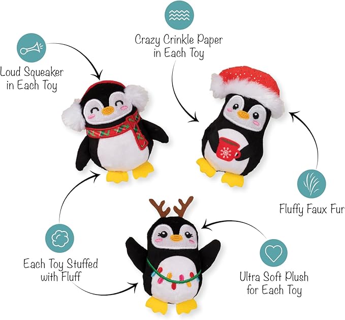 Fringe Studio Pet Toy, Waddle Squad Penguins Plush Dog Toy 3 Piece Set, PetShop Collection (662195)