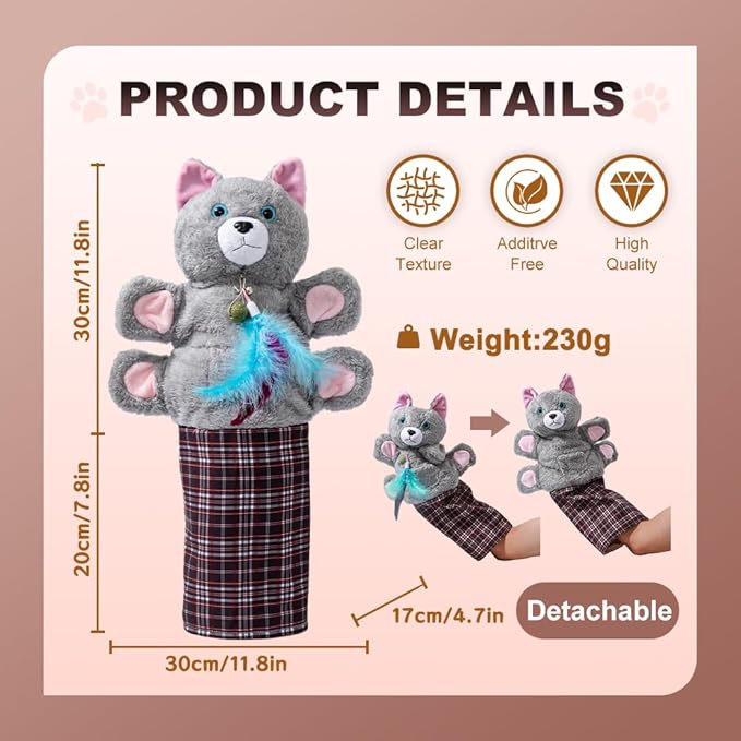 Interactive Cat Wrestling Puppet Toy with Feather Teaser - Thickened Bite-Resistant Training Glove for Safe Play, Realistic Prey Mimicry for Indoor Cats, Boredom Relief & Exercise, Grey