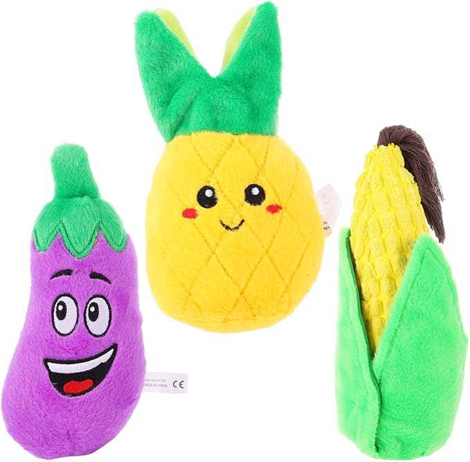 Angoily Pet Sound Toy Set 3-Pack Interactive Squeaky Dog Cat Toys Fruit Vegetable Design Educational Play for Small Dogs 9.44X3.54X3.54 Inch