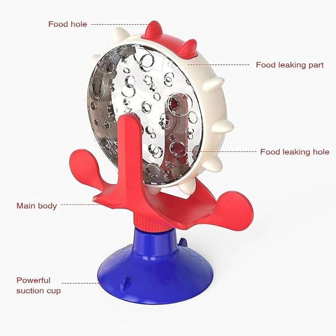 Food Spinning Windmill, Windmill Dog Treat Dispenser, 360°Rotating Treat Dispenser Toy with Suction Cup, Fun Multi Layer Rotating Turntable for Pet Toys (Blue)