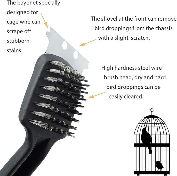 Stainless Steel Bird Droppings Cleaning Brush with Scraper, Long Handle Birdcage Cleaner Tool for Parrot Pet Cage Accessories, Poop Remover(Black)