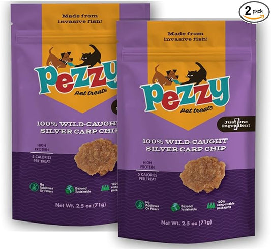 Pezzy Pets Silver Carp Chips Dog & Cat Treats | Single Ingredient | Wild Caught | Made w/Invasive Fish | Grain Free | High Protein + Low Fat | Hypoallergenic | Made in The USA (2 Pack)