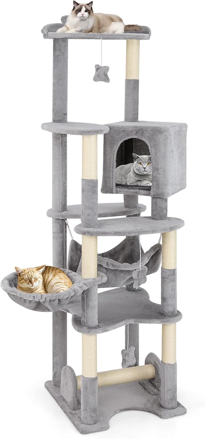 PETSITE 69 Inch Tall Cat Tree, Multi-Level Grey Cat Tower with Sisal Scratching Posts, Cat Condo, Basket Bed, Hammock, Basket Bed, and Hanging Toys, Modern Cat Tree Tower for Indoor Cats