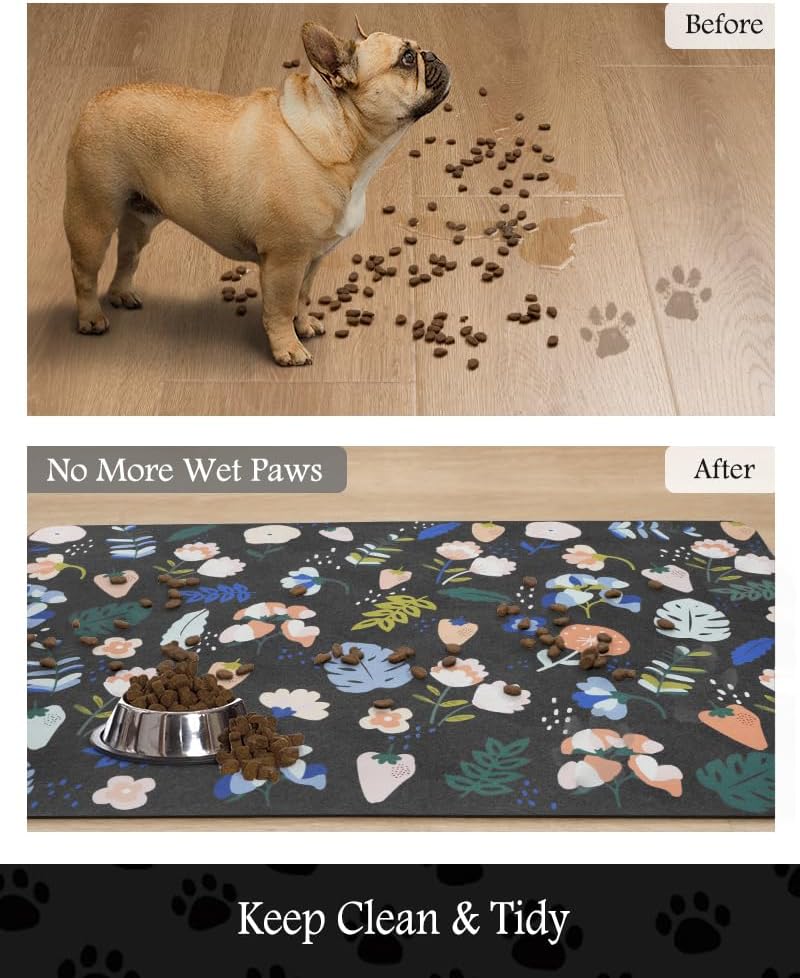 Pet Feeding Mat-Absorbent Dog Mat for Food and Water Bowl-No Stains Quick Dry Water Dispenser Mat-Dog Accessories Pet Supplies-Bowl for Messy Drinkers（DARKFLOWERS,23"x34"