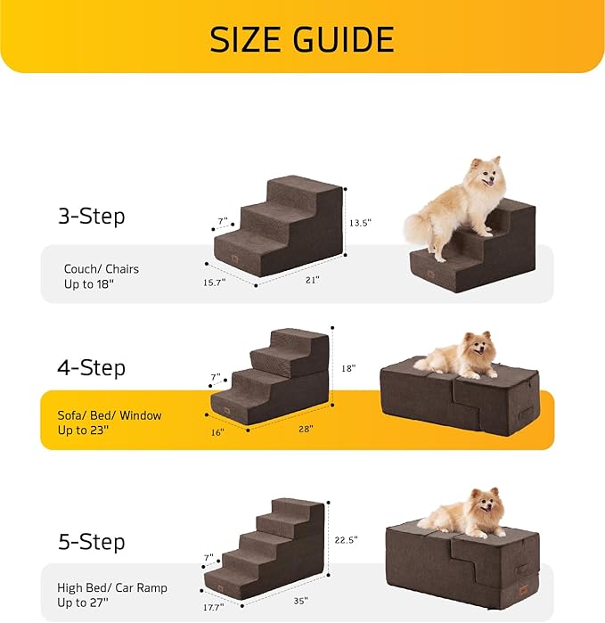 ABCPET Dog Stairs for High Bed, Dog Steps for Bed Couch Sofa, 35D Foam Extra Wide Pet Steps for Small Dogs and Cats, Pet Stairs with Non-Slip Bottom Brown, 4 Steps