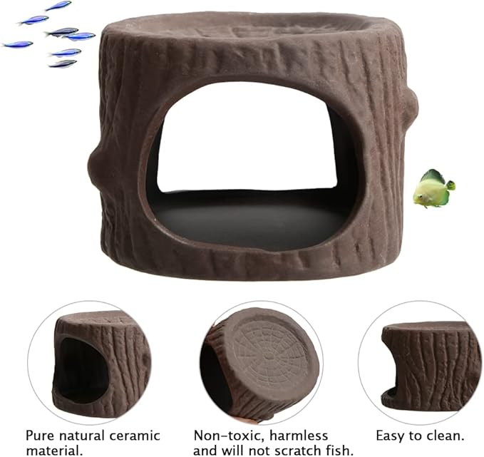 Saim Ceramic Betta Cave, Handcrafted Natural Tree Stump Fish Tank Decor, Aquarium Hideout for Betta Fish Shrimp Cichlid, Aquarium Decorations Breeding Cave with Large Opening