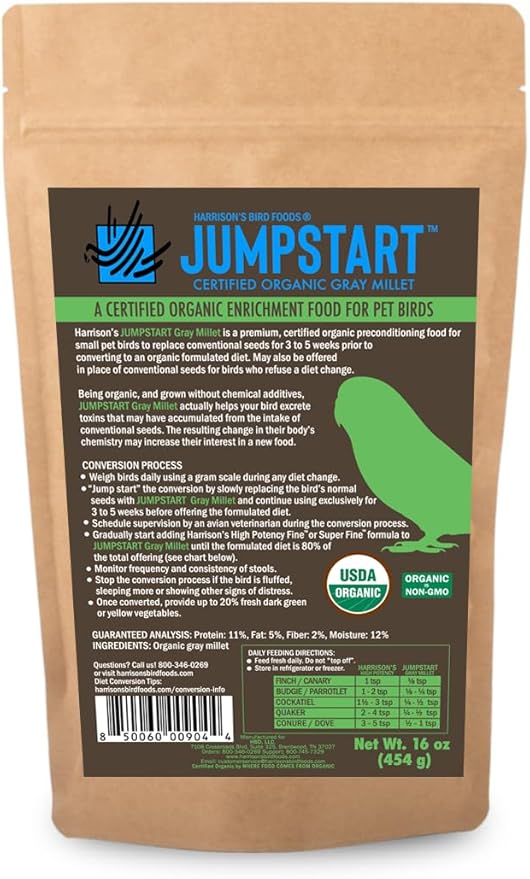Harrison's Bird Foods Jumpstart Grey Millet, an Enrichment Food for Pet Birds, Certified Organic Non-GMO, Daily Feed (16oz/ 454g)