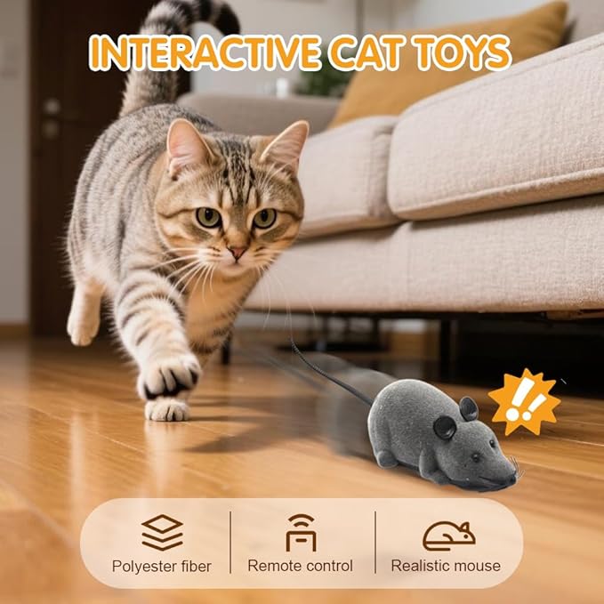 Remote Control Mouse Cat Toy - Rechargeable Interactive Fake Rat Toy for Indoor Cats Dogs, Automatic Moving RC Mouse Toy & Chasing Prank (Gray)