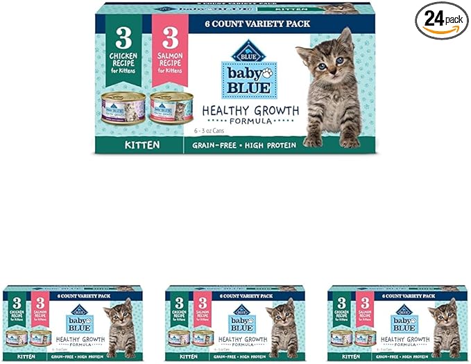 Blue Buffalo Baby Blue Natural Kitten Wet Cat Food Paté Variety Pack, Healthy Growth Formula with DHA, High-Protein & Grain-Free, Chicken and Salmon Recipes, 3-oz Cans (6 Count, 3 of Each) (Pack of 4)