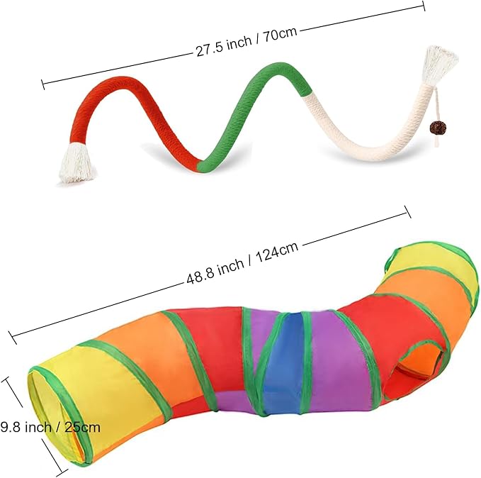 Collapsible Durable Rainbow Cat S-Tunnel & Chew Rope Set, Interactive Indoor Kitten Toy for Active Play
