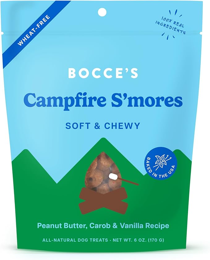 Bocce's Bakery Campfire S'Mores Treats for Dogs, Wheat-Free Everyday Dog Treats, Made with Real Ingredients, Baked in The USA, Natural Soft & Chewy Cookies, Peanut Butter, Carob, & Vanilla, 6 oz