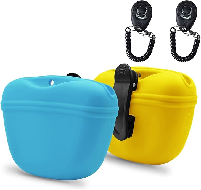 AUDWUD Silicone Dog Treat Pouch,with Dog Training Clicker,Clip on Portable Training Container,Convenient Magnetic Buckle Closing and Upgraded Waist Clip for Enhanced Stability