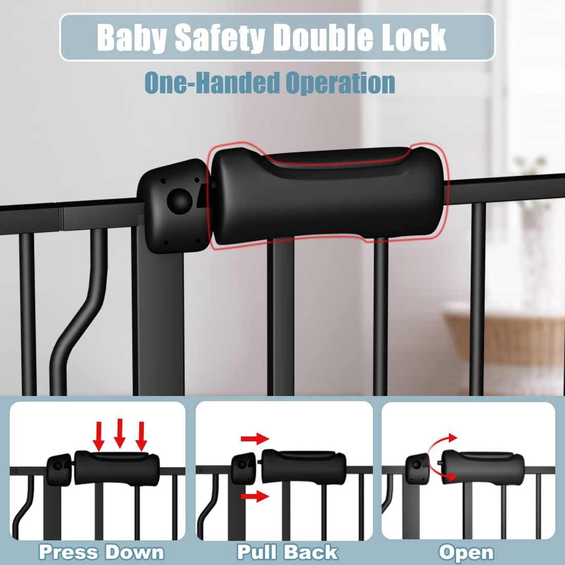 Extra Wide Baby Gate 57.5-62 Inch Black Walk THR Dog Gates Doorways House No Drill Pressure Mounted Auto Close Long Child Safety Gate for Kids and Pet