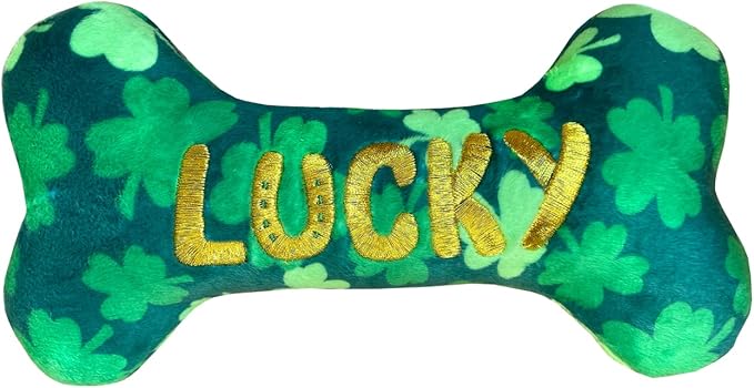 Huxley & Kent Funny Dog Toy w/Squeaker – St. Patrick's Day Power Plush Squeaky Dog Toys for Small, Medium & Large Dogs – Soft Stuffed Animal for Indoor Play & Fetch - Lucky Charm Bone, Small