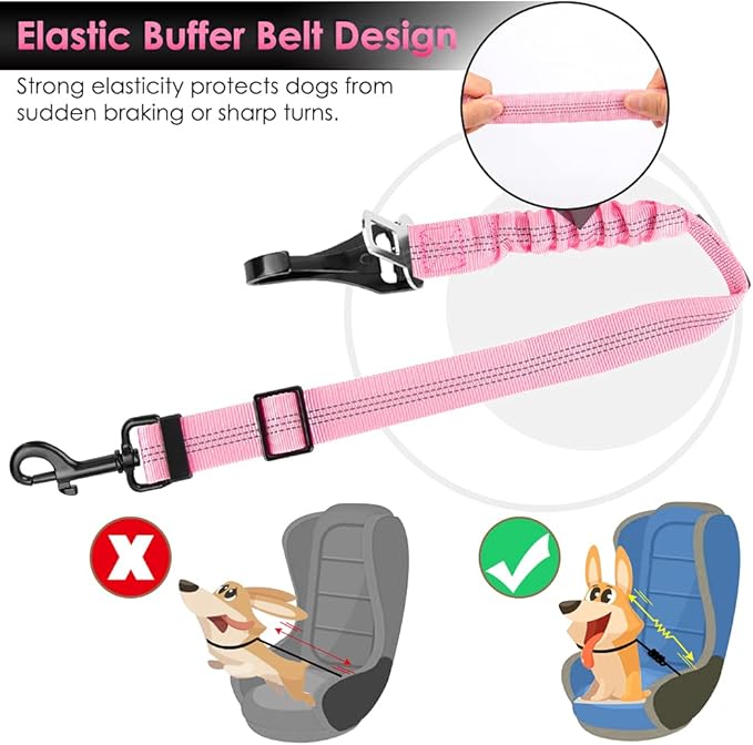 SlowTon Dog Seat Belt for Car, Adjustable 3 in 1 Dog Seatbelt with Elastic Bungee Buffer, Nylon Heavy Duty Dog Car Harness Reflective Safety Tether Leash with Latch Hook Clip Pink
