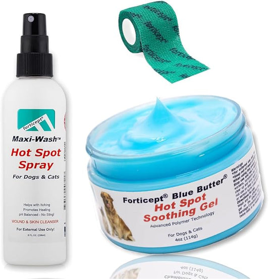 Forticept Hot Spot Treatment and Wound Care Kit for Dogs&Cats |Hotspot Wound Wash Spray 8oz + Wound Care Ointment 4oz + 2" 5 Yards Wound and Paw Bandage Wrap | First Aid Kit