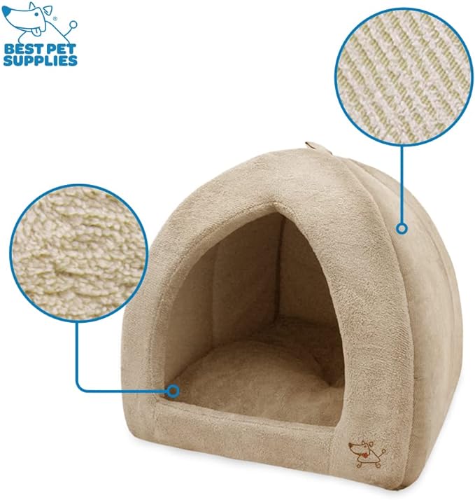 Best Pet Supplies Cat Bed for Indoor Cat, Domed Tent House with Removable Pillow, Covered Cat Cave for Small Dog, Puppies and All Breeds of Cats - Tan, 19 x 19 x H:19"