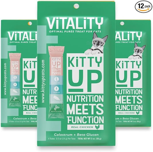 Kitty Up Lickable Cat Treats - Vitality Chicken Puree Squeeze Tubes with Lysine, Taurine & Beta Glucan | Immune Support for Indoor Cats (12 Pack)