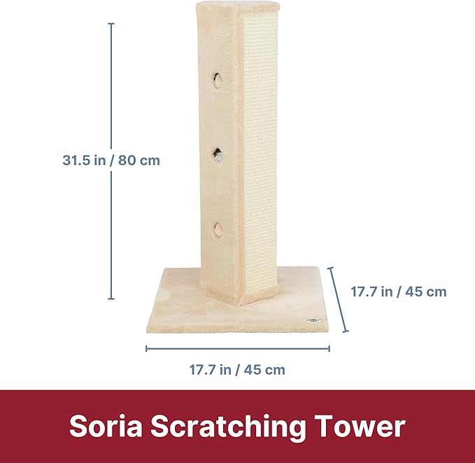 TRIXIE Soria Cat Scratching Post 31.5 Inch - Scratcher With Soft Fabric Covering Base and Durable Sisal Rope - Peek-a-Boo Cutouts, Hide and Seek Toy - in Greige