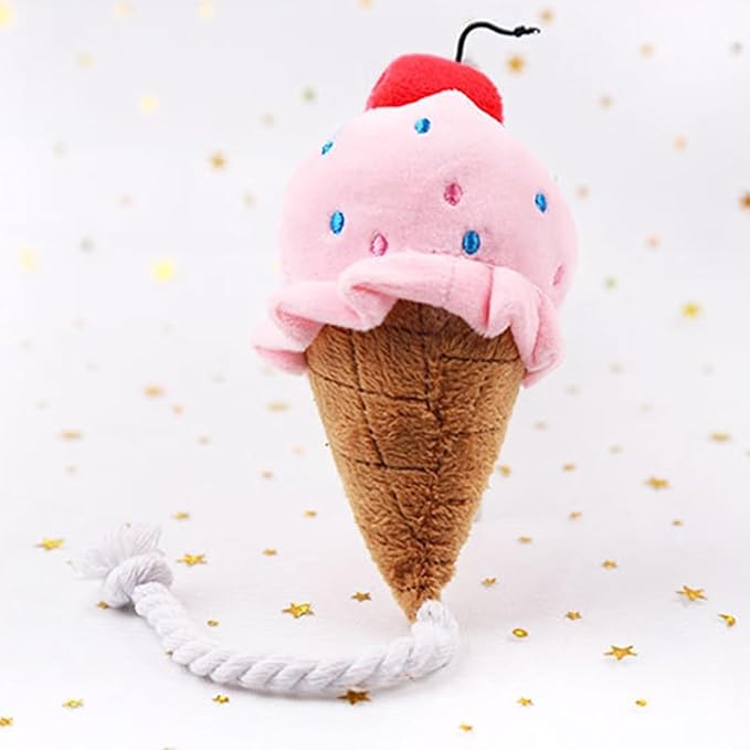 1pc Brown Blue Ice Cream Dog Squeaky Toys,Cute Puppy Chew Toys with Ropes,Add Interactive Dog Plush Toy for Small to Medium Dogs and Cats Pet Supplies,Toys