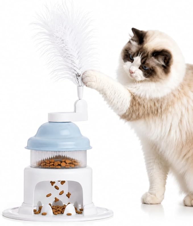 Cat Slow Feeder Toy with Feather Teaser, Interactive Puzzle Feeder for Cats, Mental Stimulation Foraging Toy, Suitable for Dry & Wet Food(Blue)