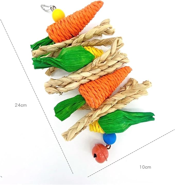 pureza Hand-Woven Straw Rope Chewing Toys for Parrots, Hamsters, and Rabbits - Carrot, Corn, and Rattan Ball Bird Cage Accessories(B Toy String)