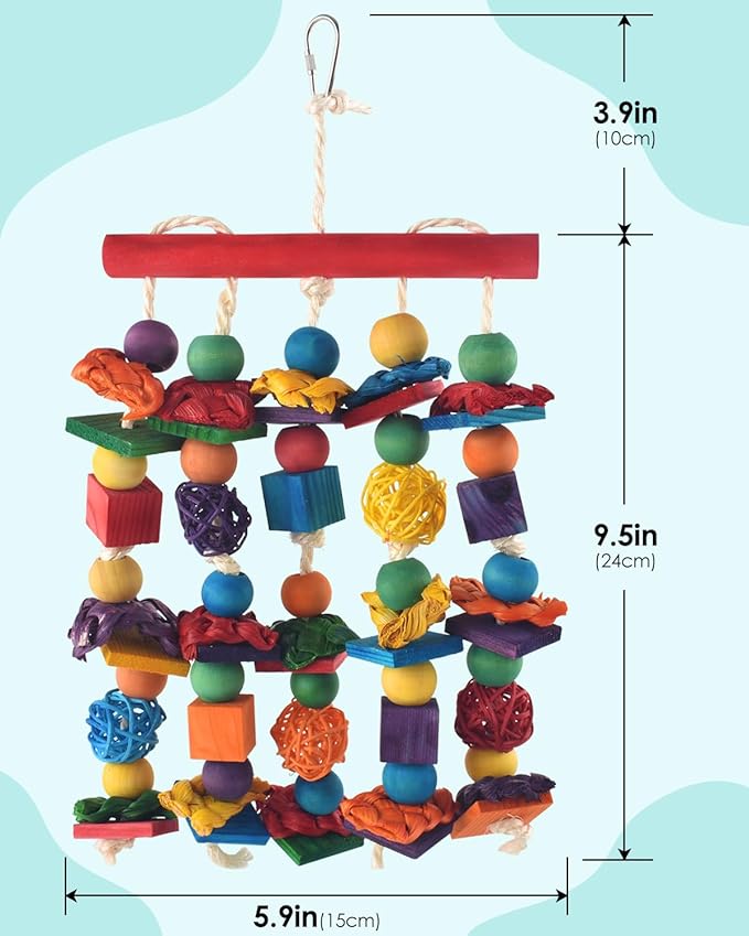 DBNESS Bird Toys, 2PCS Parrot Foraging Hanging Toy, Multicolored Natural Wooden Blocks Parakeet Chewing Toys mit Rattan Wicker Balls, for Medium Small Cockatoos Budgie Lovebird Cockatiel Conure