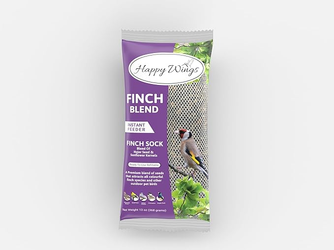 Happy Wings Finch Blend Bird Food, Mix of Sunflower Hearts/Kernels and Nyjer Seed Wild Bird Food-13 Ounce | Prefilled Sock | No Grow Seed I Bird Seeds for Wild Birds