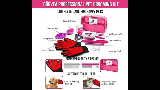 Pet Grooming Kit 12-in-1 for Dogs & Cats - Professional Deshedding Brush, Nail Clipper, Slicker Brush Flea Comb, Grooming Gloves, cat Teaser Ball Set with Storage Bag