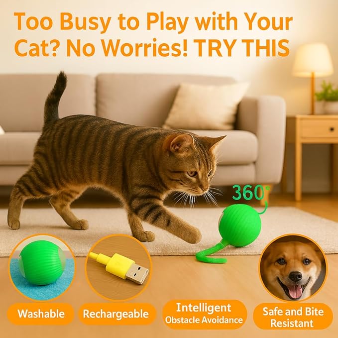 Interactive Cat Toy Ball Green – Smart Rolling Cat Ball with Feather Tail Attachment – Glowing Color Modes – Dual Speed – Automatic Cat Toy for Indoor Cats & Kittens