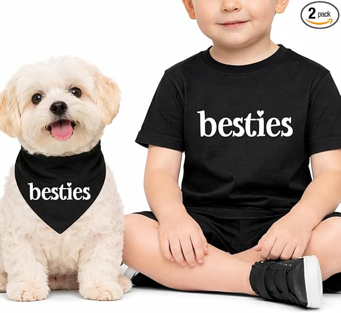 Besties Best Friends Matching Set Dog Bandana & Baby Tee Shirt | Short Sleeve | 100% Cotton | Infant & Toddler Black, 3T 552