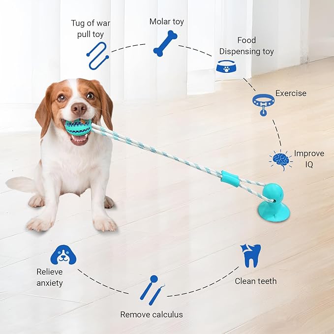 Dog Chew Toys for Aggressive Chewers, Tug of War Suction Cup, Dog Puzzle Toys Treat Food Dispensing Ball, Puppy Rope Enrichment, Indestructible Treat Food Dispensing Ball (Blue)