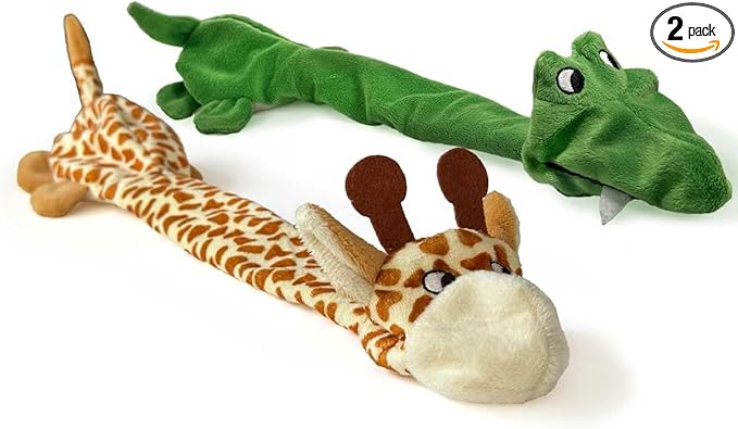 Trenton Gifts Extra Long Stuffing Free Dog Toys with Squeaker. Set of 2. Giraffe and Alligator