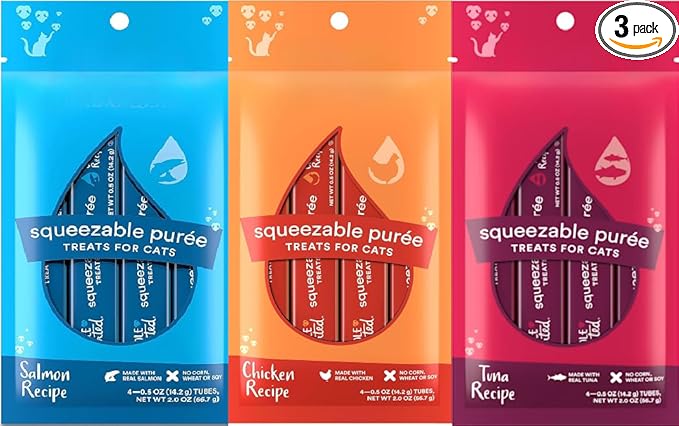 Lickable Cat Treats Squeezable Variety Pack Chicken Tuna Salmon Puree Tubes (12 x 0.5oz) | Grain Free Creamy Wet Treats for Picky Eaters Kittens Adults High Protein Food Topper