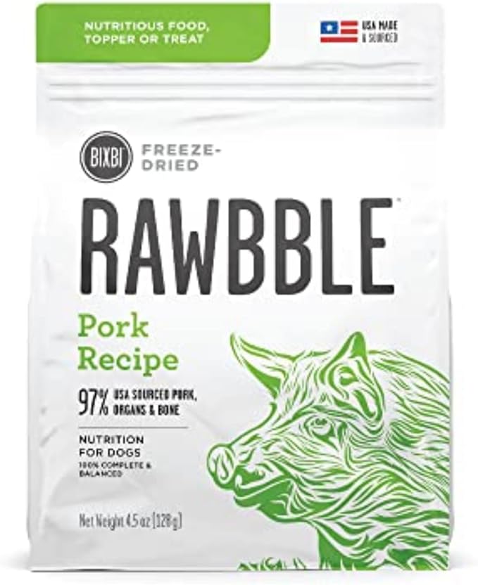 BIXBI Liberty Freeze-Dried Dog Food Topper & Treats, Pork – 97% Meat & Organs, No Refrigeration – USA Made, 4.5 oz