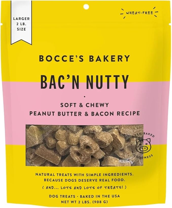 Bocce's Bakery Bac' N Nutty Soft & Chewy Peanut Butter & Bacon Recipe Natural Dog Treats, Wheat-Free, 2 lb (Pack of 1)