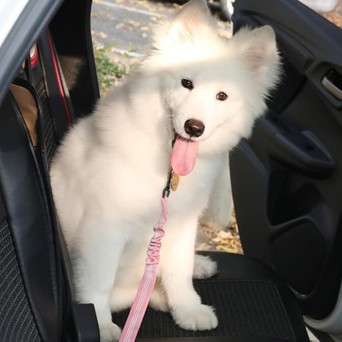 Dog Seat Belt for Car Adjustable Dog Safety Belt Leash, 2 in 1 Latch Bar Attachment Dog Car Seatbelt with Elastic Nylon Bungee Buffer, Reflective Nylon Belt Tether Connect to Dog Harness 19-32in(Pink)