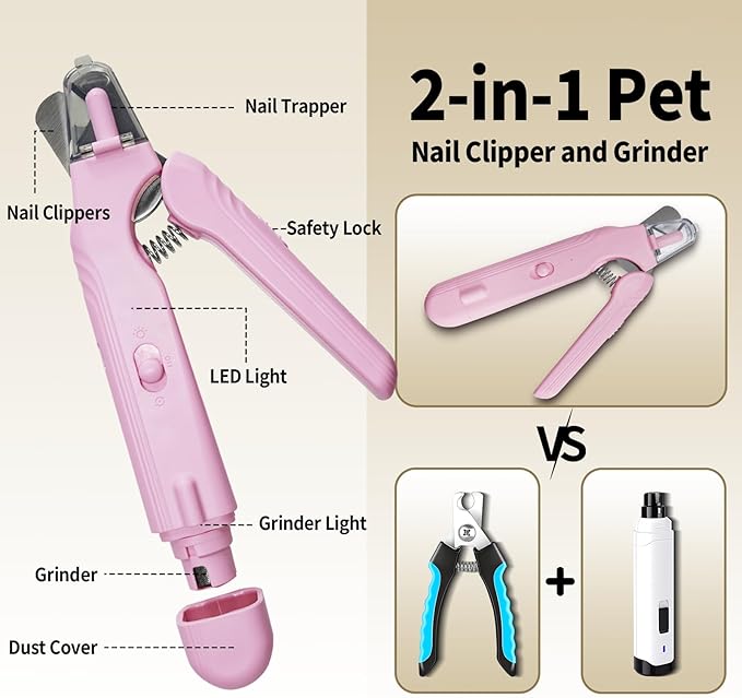 2-in-1 Dog & Cat Nail Clippers and Grinder with Light, Safety Guard, Painless Quiet Pet Nail Claw Trimmers, USB Rechargeable Pet Nail Trimmer, for Large Medium Small Dogs Cats Claw Trimmer, Pink
