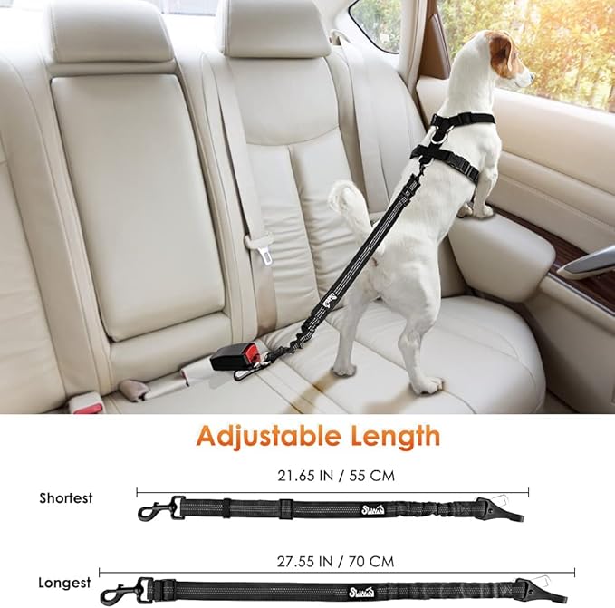 SlowTon Dog Seat Belt for Car, Adjustable 3 in 1 Dog Seatbelt with Elastic Bungee Buffer, Nylon Heavy Duty Dog Car Harness Reflective Safety Tether Leash with Latch Hook Clip Black