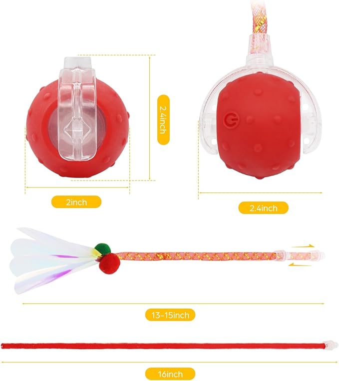 Interactive Cat Toys Ball, Automatic Moving Cats Toy with Elastic Mesh Bell Tail, Rechargeable Cat Ball for Bored Indoor Adult Cats, Energetic-cat (Red)