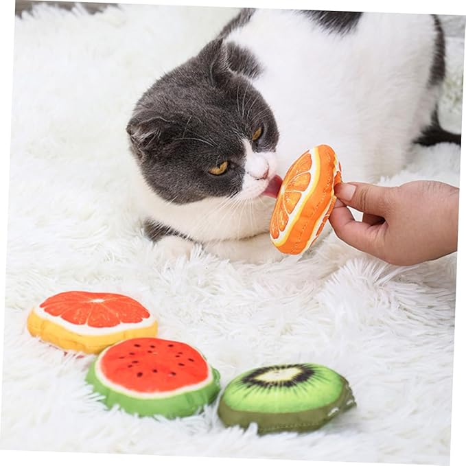 TOYANDONA Fruit-Shaped Catnip Set with Bells, Indoor Cat Teething Kitten Chew for Self-Amusement and Interactive Play, 4pcs Colorful Catnip Fruit