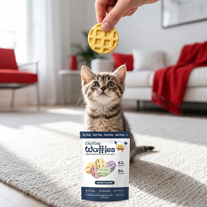 Waffle Freeze Dried Chicken Cat Treats | Healthy Kitten Treats Inspected in USA | Human Grade Dog & Cat Food Toppers | Without Additives, 4 Flavors, 4.0 oz