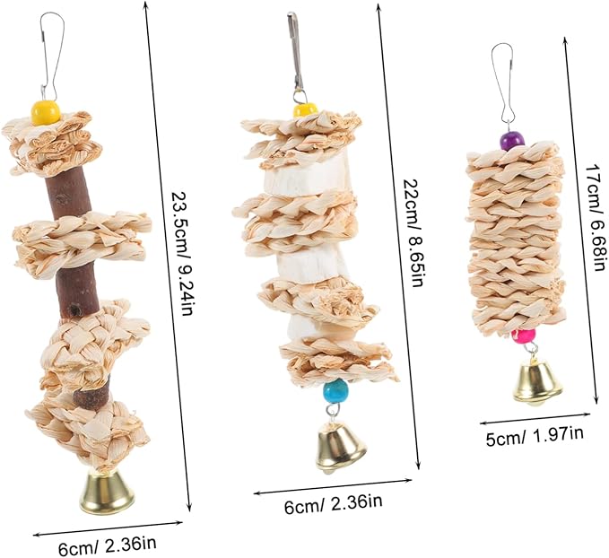 Milisten 3Pcs Natural Straw Woven Parrot Chew Bird Hanging Biting for Parakeets Parrots Engaging Bird Cage Accessories for Chewing Enrichment