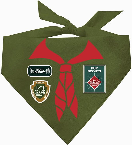 Pup Scout Dog Bandana | 100% Cotton Adjustable Triangle | Made in USA | Funny | Cute Scout Costume | Pet Explorer | Halloween |Assorted Colors| (Military Green, One Size)