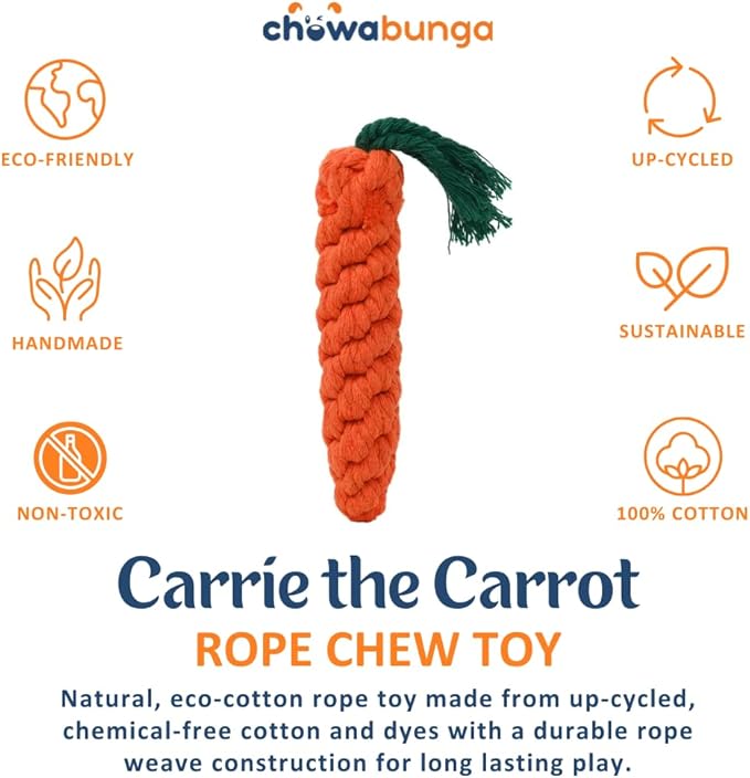Carrot Dog Toy 5.5 Inch Handmade Eco Cotton Rope Dog Toy Carrot Chew Toy for Dogs - Made with Natural, Non-Toxic Dyes - Carrot Toy is Great for Puppy Teething Toys and Cats (Orange)