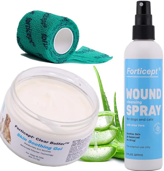 Forticept Hot Spot & Wound Care Kit, Itch Relief Spray for Dogs and Cats 8 oz + Promote Healing Wound Hydrogel 4 oz. + Self-Adhesive Wrap, First Aid for Dogs and Cats