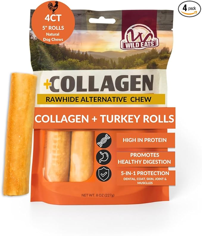 Wild Eats Turkey Flavor Collagen Retriever Style Cheek Rolls 5" Dog Chews-4 Pack (Long Lasting Dog Chews Treats & Bones for Medium Dogs) Substitute for Pig Ears for Dogs